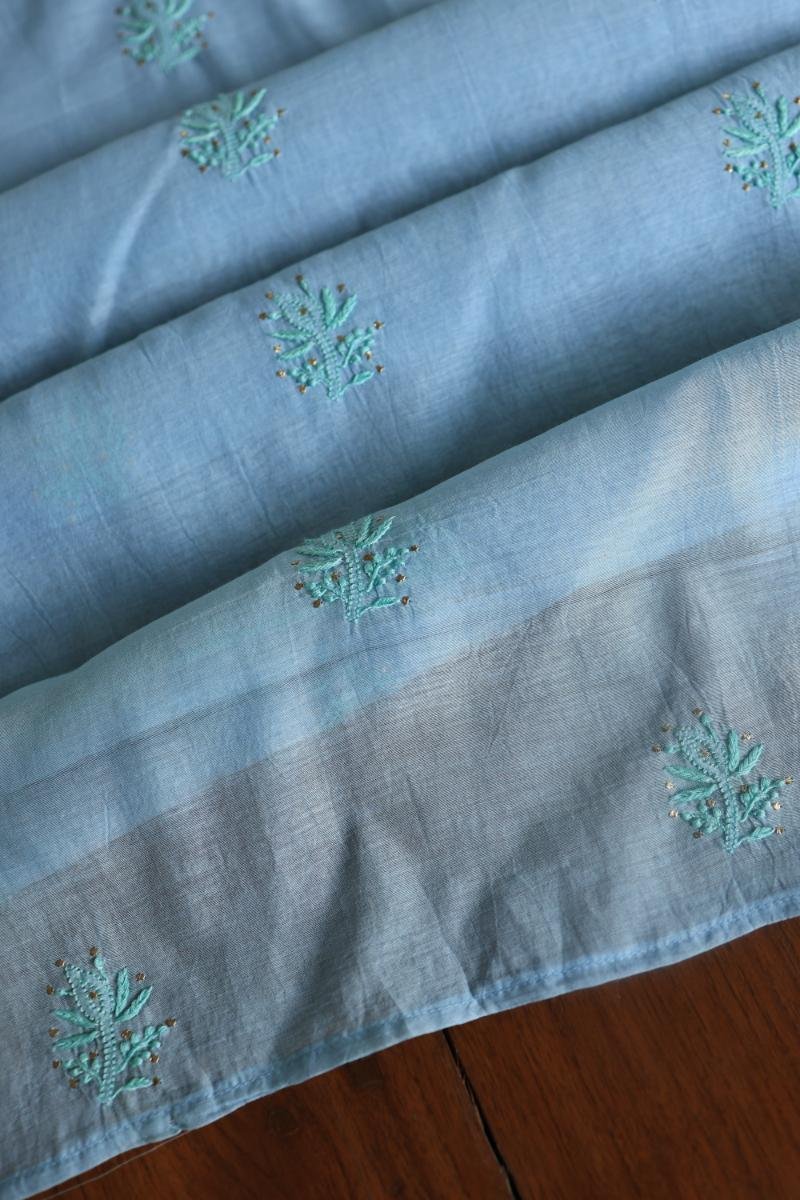 Sky Blue Mal Chanderi Chikankari Unstitched Kurta Dupatta Fabrics With Kamdani
