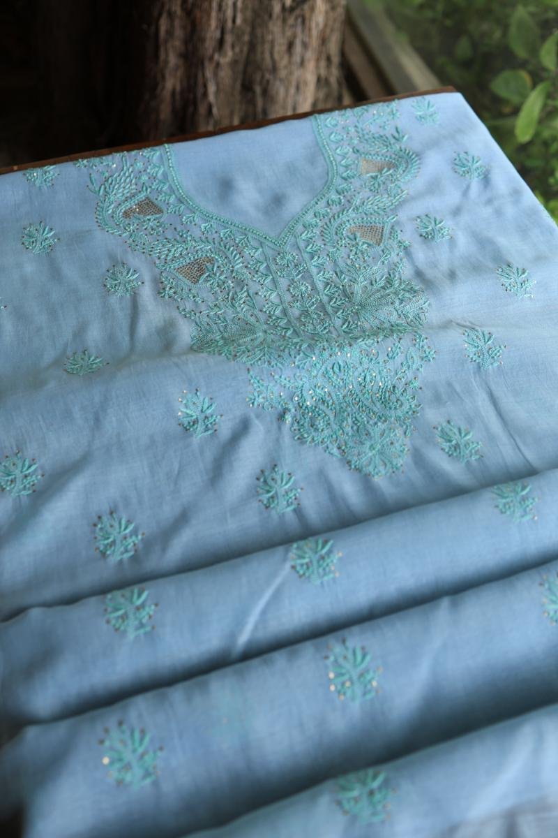 Sky Blue Mal Chanderi Chikankari Unstitched Kurta Dupatta Fabrics With Kamdani