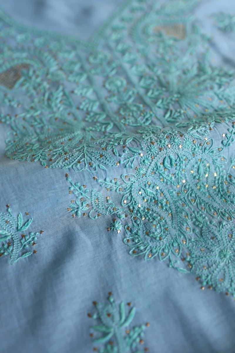 Sky Blue Mal Chanderi Chikankari Unstitched Kurta Dupatta Fabrics With Kamdani