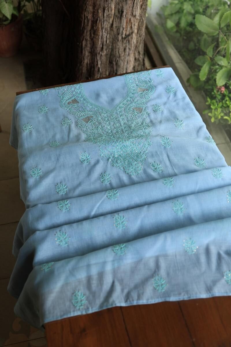 Sky Blue Mal Chanderi Chikankari Unstitched Kurta Dupatta Fabrics With Kamdani