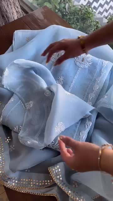 Sky Blue Noor Organza Applique Chikankari Mukaish Kurta Dupatta Set