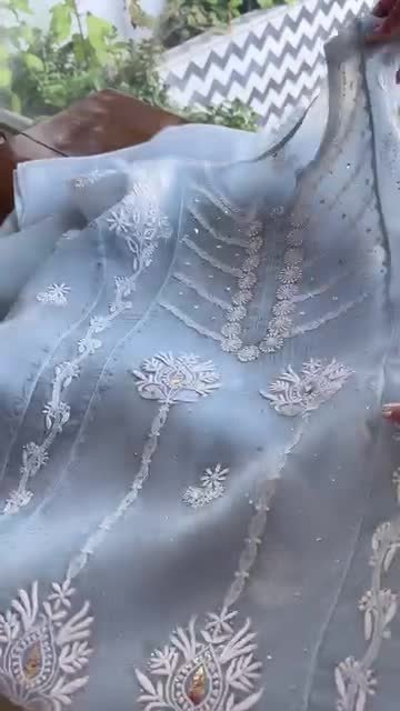 Sky Blue Noor Organza Applique Chikankari Mukaish Kurta Dupatta Set