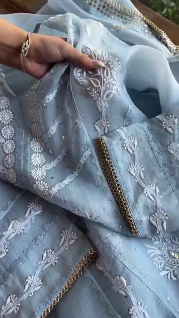 Sky Blue Noor Organza Applique Chikankari Mukaish Kurta Dupatta Set