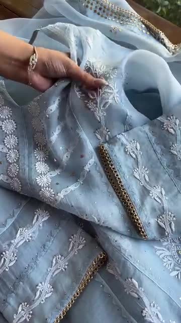 Sky Blue Noor Organza Applique Chikankari Mukaish Kurta Dupatta Set
