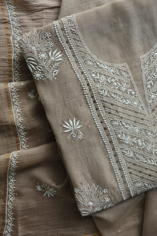 Smokey Grey Mal Cotton Fine Chikankari With Kamdani Work Unstitched Fabric - Image 3