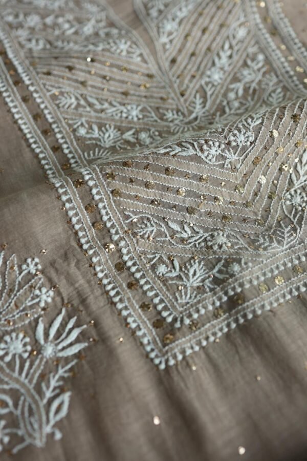 Smokey Grey Mal Cotton Fine Chikankari With Kamdani Work Unstitched Fabric - Image 10