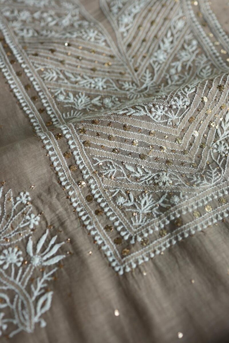 Smokey Grey Mal Cotton Fine Chikankari With Kamdani Work Unstitched Fabric