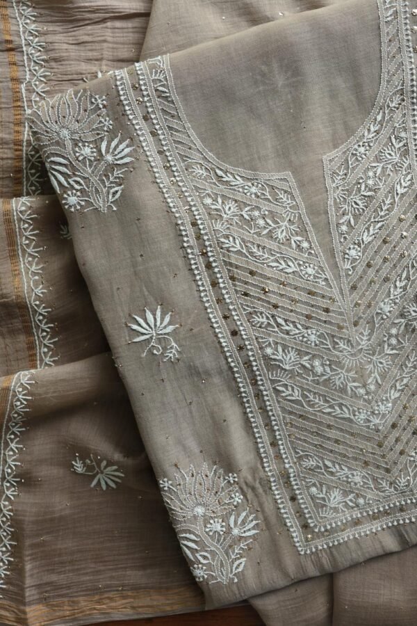 Smokey Grey Mal Cotton Fine Chikankari With Kamdani Work Unstitched Fabric - Image 14
