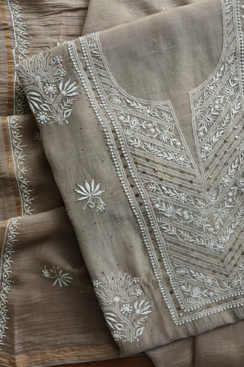 Smokey Grey Mal Cotton Fine Chikankari With Kamdani Work Unstitched Fabric