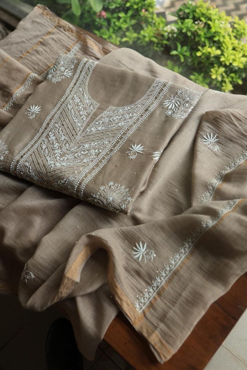 Smokey Grey Mal Cotton Fine Chikankari With Kamdani Work Unstitched Fabric