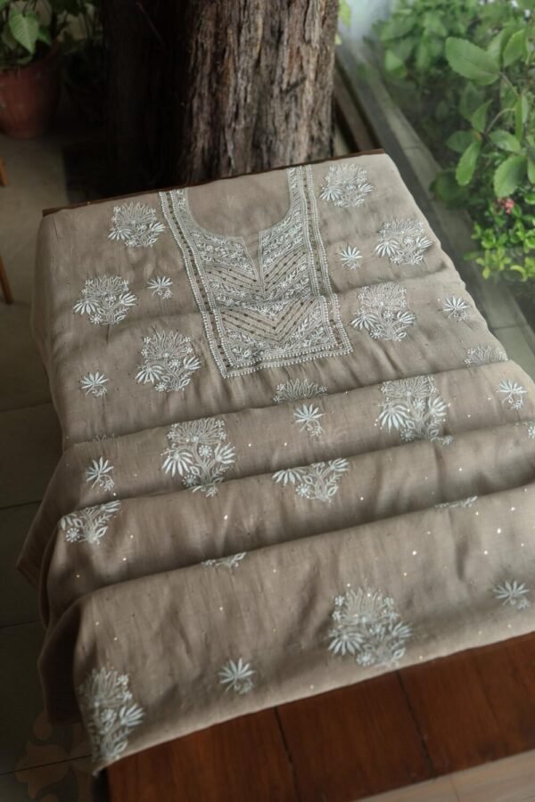 Smokey Grey Mal Cotton Fine Chikankari With Kamdani Work Unstitched Fabric - Image 4