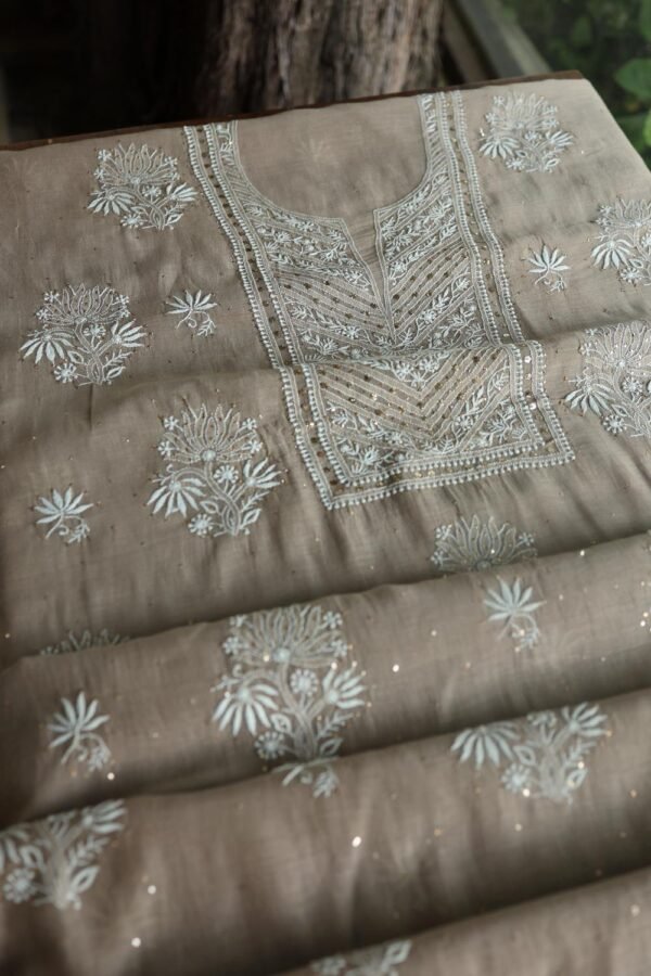 Smokey Grey Mal Cotton Fine Chikankari With Kamdani Work Unstitched Fabric - Image 9