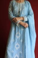 Blue Malmal Chikankari With Pearl & Sequins Ready To Wear Kurta Dupatta Set