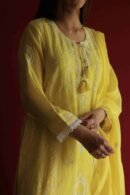 Yellow Malmal Chikankari With Pearl & Sequins Ready To Wear Kurta Dupatta Set