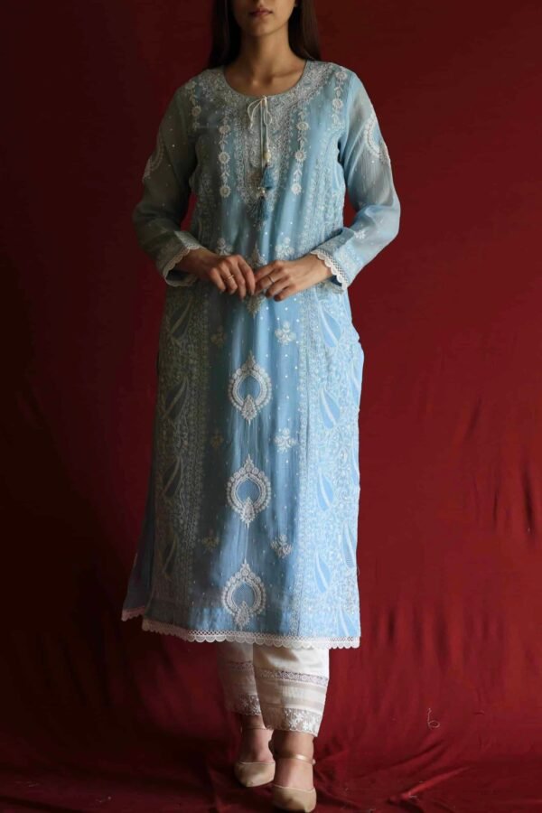 Blue Malmal Chikankari With Pearl & Sequins Ready To Wear Kurta Dupatta Set - Image 11