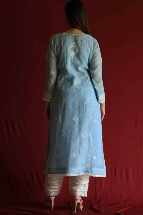 Blue Malmal Chikankari With Pearl & Sequins Ready To Wear Kurta Dupatta Set - Image 12
