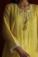 Yellow Malmal Chikankari With Pearl & Sequins Ready To Wear Kurta Dupatta Set