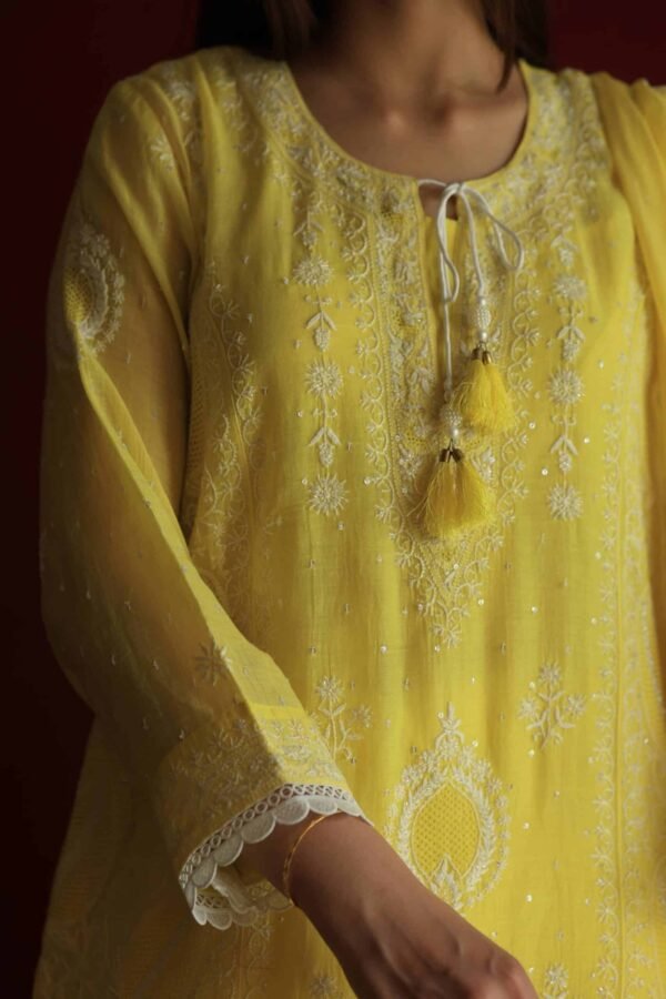 Yellow Malmal Chikankari With Pearl & Sequins Ready To Wear Kurta Dupatta Set - Image 13