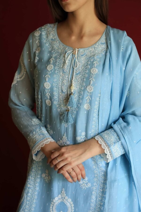Blue Malmal Chikankari With Pearl & Sequins Ready To Wear Kurta Dupatta Set - Image 13
