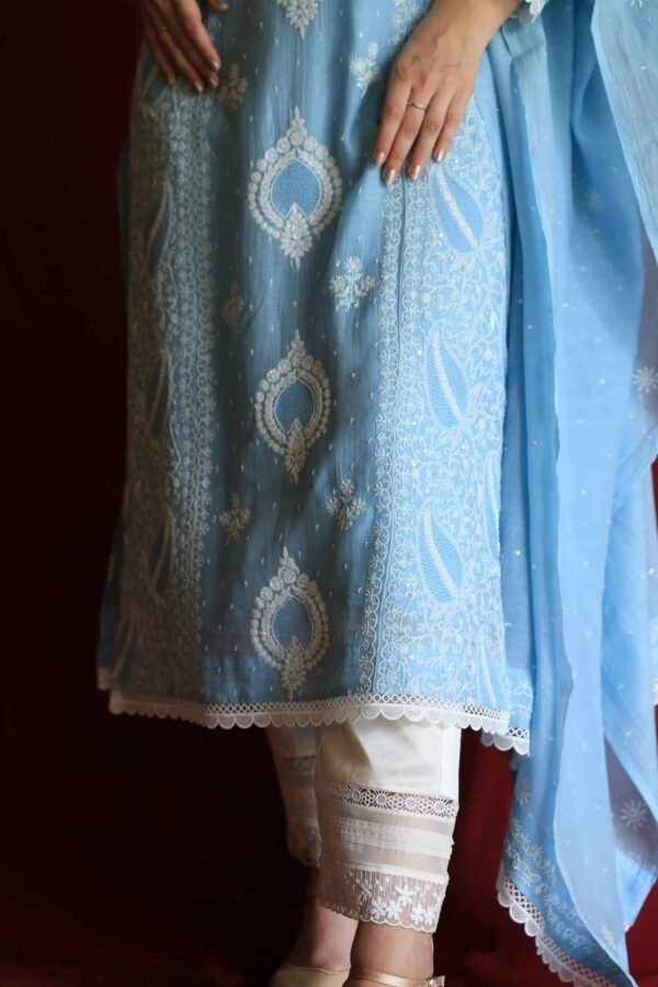 Blue Malmal Chikankari With Pearl & Sequins Ready To Wear Kurta Dupatta Set - Image 14