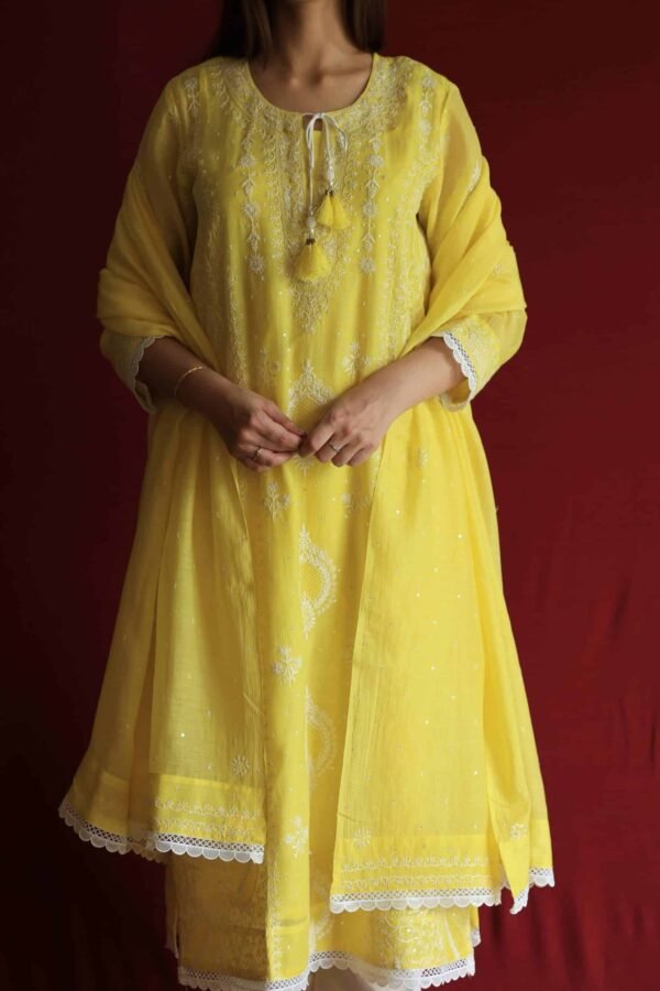 Yellow Malmal Chikankari With Pearl & Sequins Ready To Wear Kurta Dupatta Set - Image 14