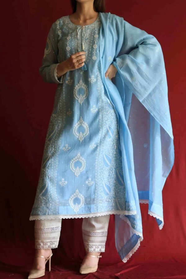Blue Malmal Chikankari With Pearl & Sequins Ready To Wear Kurta Dupatta Set - Image 15