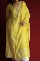 Yellow Malmal Chikankari With Pearl & Sequins Ready To Wear Kurta Dupatta Set