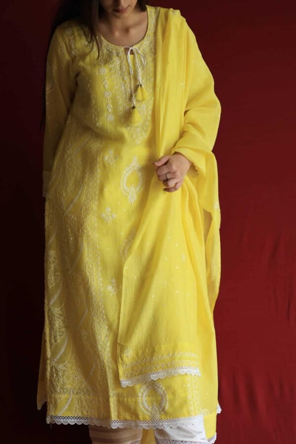 Yellow Malmal Chikankari With Pearl & Sequins Ready To Wear Kurta Dupatta Set - Image 15