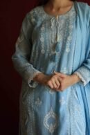 Blue Malmal Chikankari With Pearl & Sequins Ready To Wear Kurta Dupatta Set