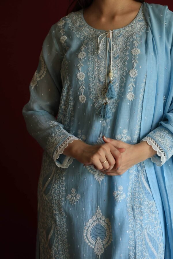 Blue Malmal Chikankari With Pearl & Sequins Ready To Wear Kurta Dupatta Set - Image 16
