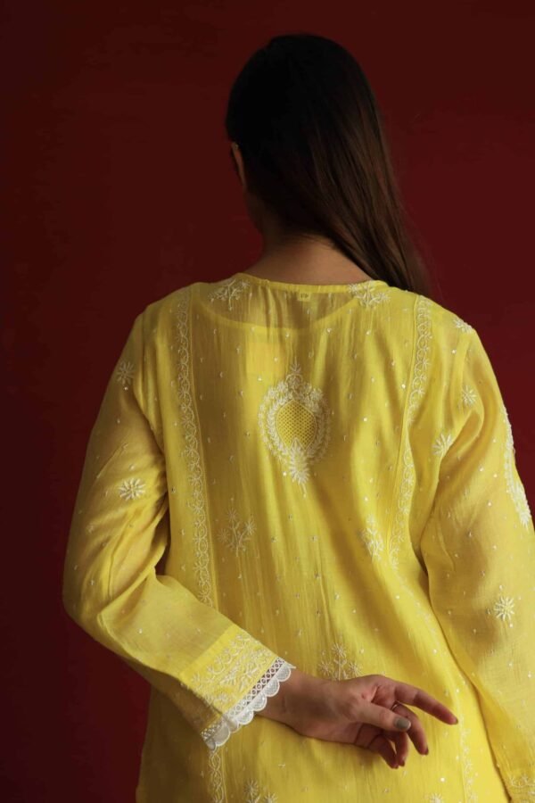Yellow Malmal Chikankari With Pearl & Sequins Ready To Wear Kurta Dupatta Set - Image 16