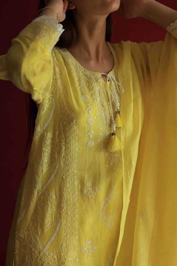 Yellow Malmal Chikankari With Pearl & Sequins Ready To Wear Kurta Dupatta Set - Image 17