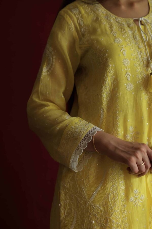 Yellow Malmal Chikankari With Pearl & Sequins Ready To Wear Kurta Dupatta Set - Image 3