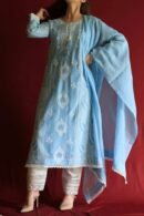 Blue Malmal Chikankari With Pearl & Sequins Ready To Wear Kurta Dupatta Set
