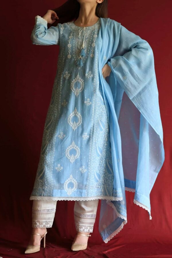 Blue Malmal Chikankari With Pearl & Sequins Ready To Wear Kurta Dupatta Set - Image 3