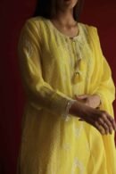 Yellow Malmal Chikankari With Pearl & Sequins Ready To Wear Kurta Dupatta Set