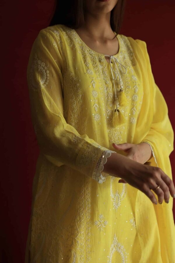 Yellow Malmal Chikankari With Pearl & Sequins Ready To Wear Kurta Dupatta Set - Image 4