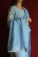 Blue Malmal Chikankari With Pearl & Sequins Ready To Wear Kurta Dupatta Set