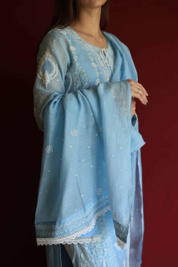 Blue Malmal Chikankari With Pearl & Sequins Ready To Wear Kurta Dupatta Set - Image 5