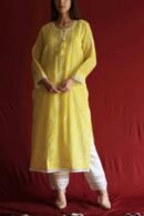 Yellow Malmal Chikankari With Pearl & Sequins Ready To Wear Kurta Dupatta Set