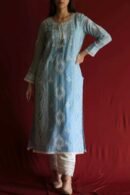 Blue Malmal Chikankari With Pearl & Sequins Ready To Wear Kurta Dupatta Set