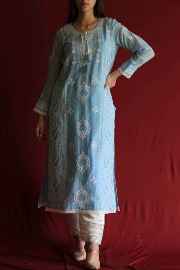 Blue Malmal Chikankari With Pearl & Sequins Ready To Wear Kurta Dupatta Set - Image 6