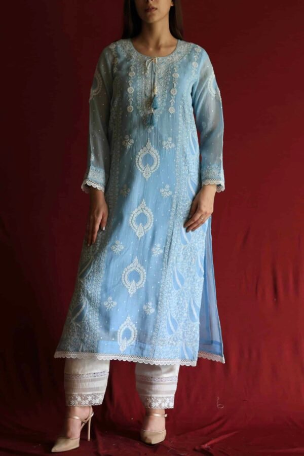 Blue Malmal Chikankari With Pearl & Sequins Ready To Wear Kurta Dupatta Set - Image 7