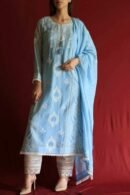 Blue Malmal Chikankari With Pearl & Sequins Ready To Wear Kurta Dupatta Set