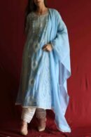 Blue Malmal Chikankari With Pearl & Sequins Ready To Wear Kurta Dupatta Set