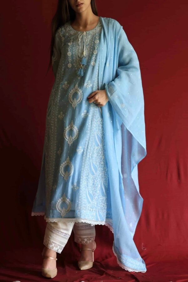 Blue Malmal Chikankari With Pearl & Sequins Ready To Wear Kurta Dupatta Set - Image 9