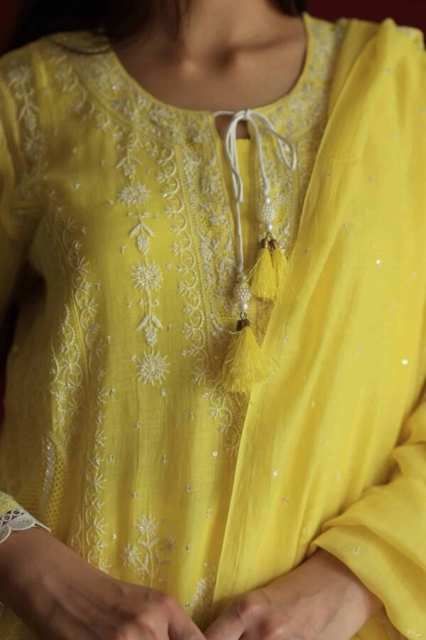 Yellow Malmal Chikankari With Pearl & Sequins Ready To Wear Kurta Dupatta Set - Image 10