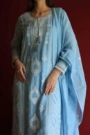 Blue Malmal Chikankari With Pearl & Sequins Ready To Wear Kurta Dupatta Set