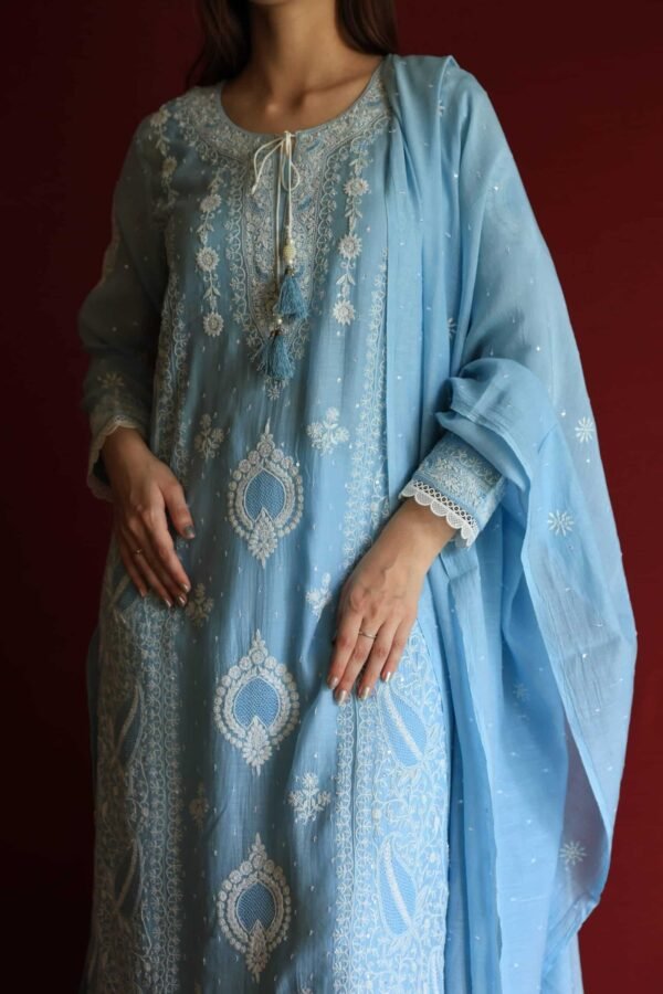 Blue Malmal Chikankari With Pearl & Sequins Ready To Wear Kurta Dupatta Set - Image 10