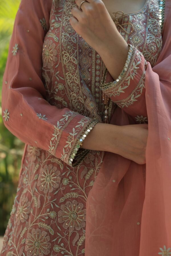 Coral Peach Stripe Organza Chikankari Sharara Set - Image 7